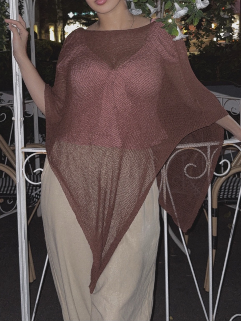 Sheer Knit Poncho Shawl Top in Deep Brown